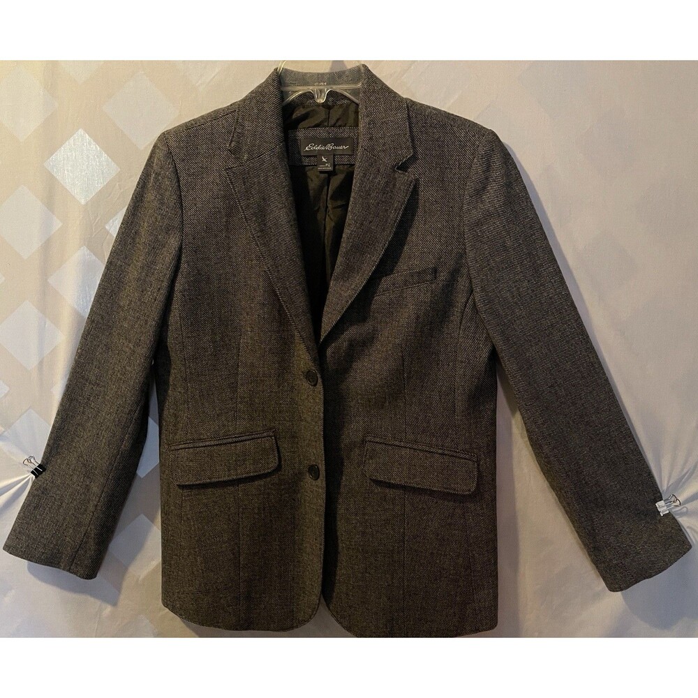 EDDIE BAUER Gray /Black Wool Blend Tweed Herringbone Blazer Women's Size 12P
